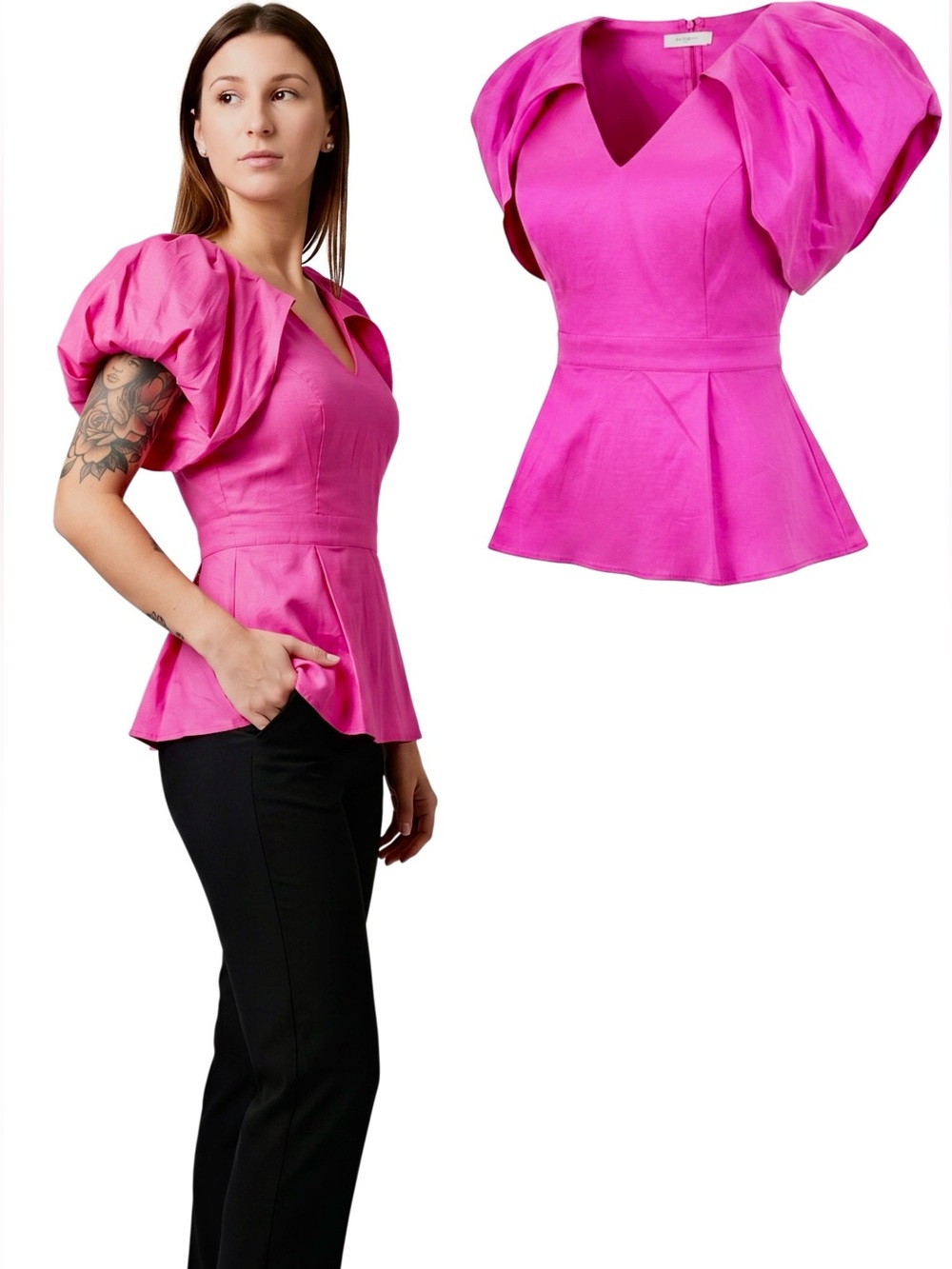 New York & Company Fuchsia Pink Puff-Sleeve Peplum Top
